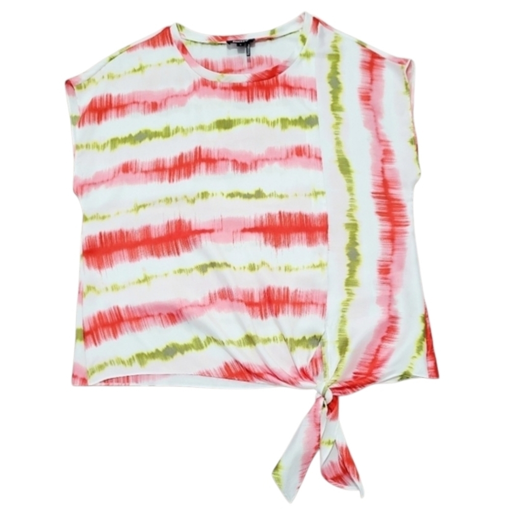 DKNY Tie Front Blouse Top Women’s M Red Green Abstract Stripe Short Sleeve - Picture 3 of 11